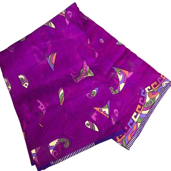 Silk Saree Sari Scarf Purple Fuchsia Orange Green Geometric Bollywood - Picture 3 of 5
